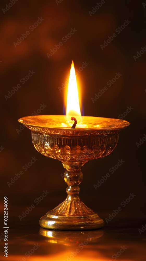 Golden diya lamp aglow with warm flame on dark background Golden diya lamp aglow with warm flame on dark background