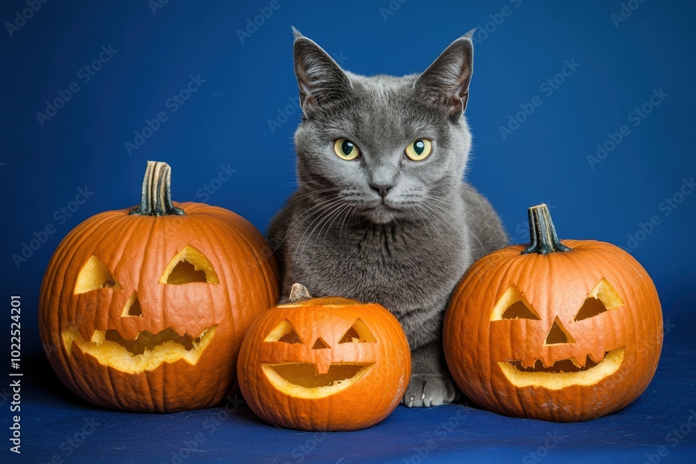 Playful gray cat with carved Halloween pumpkins on blue background Playful gray cat with carved Halloween pumpkins on blue background