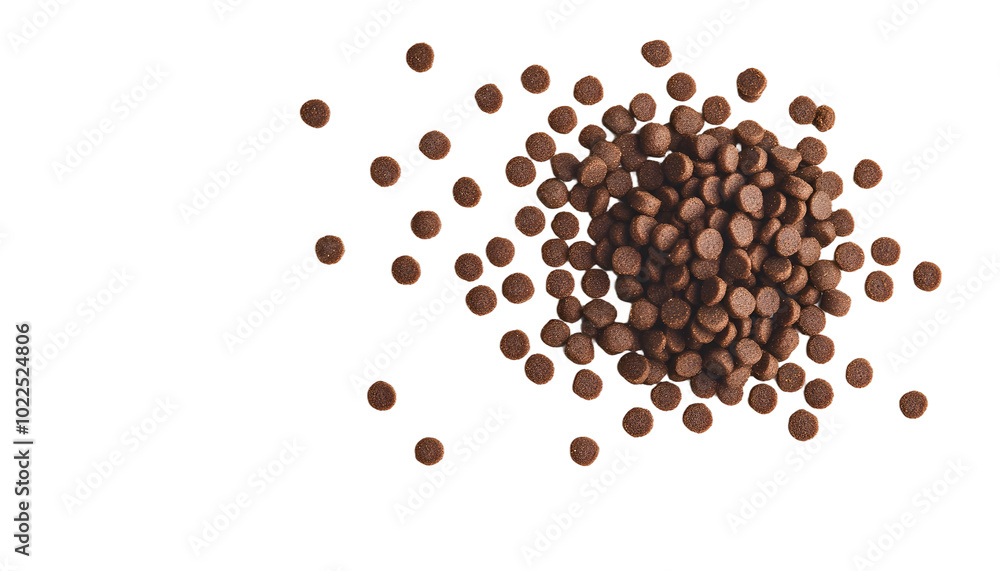 Pile dry dog food isolated on white background, top view Pile dry dog food isolated on white background, top view