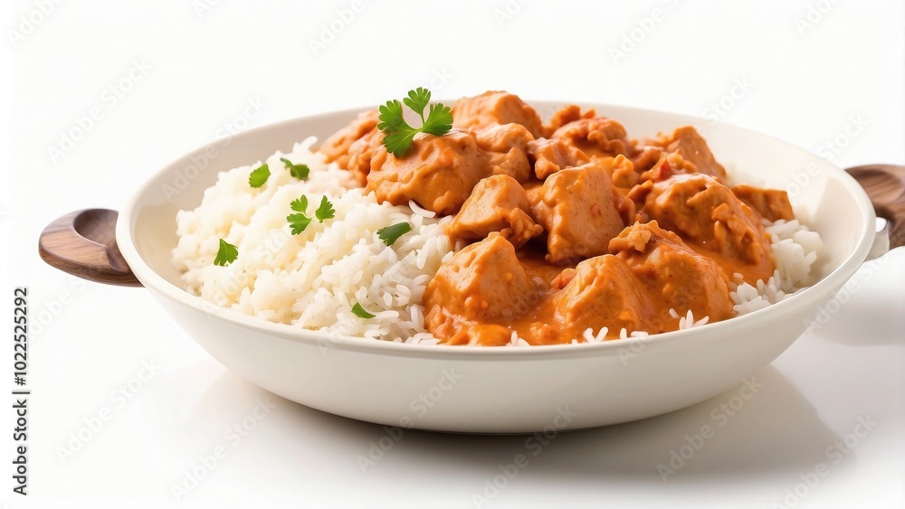 A serving of rich butter chicken with a side of fluffy basmati rice, creamy sauce, isolated on white background A serving of rich butter chicken with a side of fluffy basmati rice, creamy sauce, isolated on white background