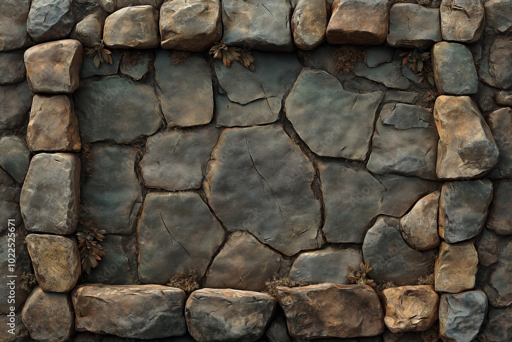 Fototapeta premium A game menu interface featuring pebble stone frame elements. designed with smooth, rounded stones of varying sizes and shades, giving it a natural, earthy look