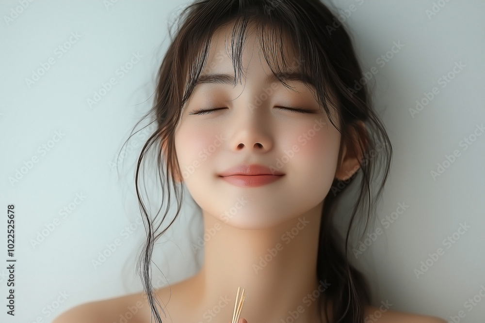 A happy, calm young Asian woman is shown with a serene expression as she enjoys a pleasant scent, breathing deeply as if savoring the fresh air. A happy, calm young Asian woman is shown with a serene expression as she enjoys a pleasant scent, breathing deeply as if savoring the fresh air.