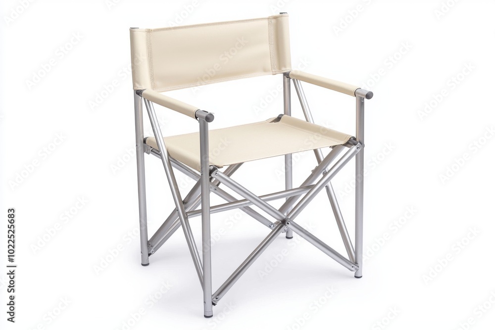 A lightweight folding chair with a cream-colored fabric seat and backrest, designed for easy transport and outdoor use. A lightweight folding chair with a cream-colored fabric seat and backrest, designed for easy transport and outdoor use.