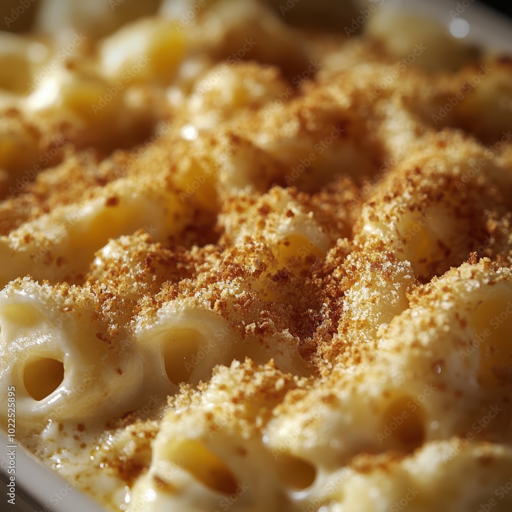 Close-up of creamy macaroni and cheese topped with golden breadcrumb crust, capturing the delicious comfort food in warm, inviting lighting. Close-up of creamy macaroni and cheese topped with golden breadcrumb crust, capturing the delicious comfort food in warm, inviting lighting.