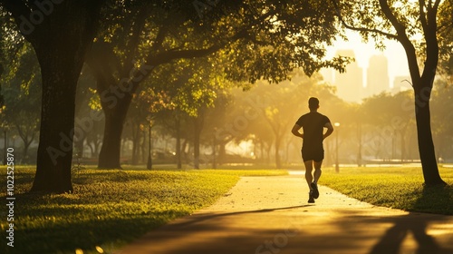 Morning Sunrise Illuminates Park as Man Jogges Energetically