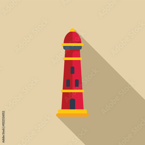 Minimalist vector illustration of a red lighthouse casting a long shadow, evoking safety and guidance