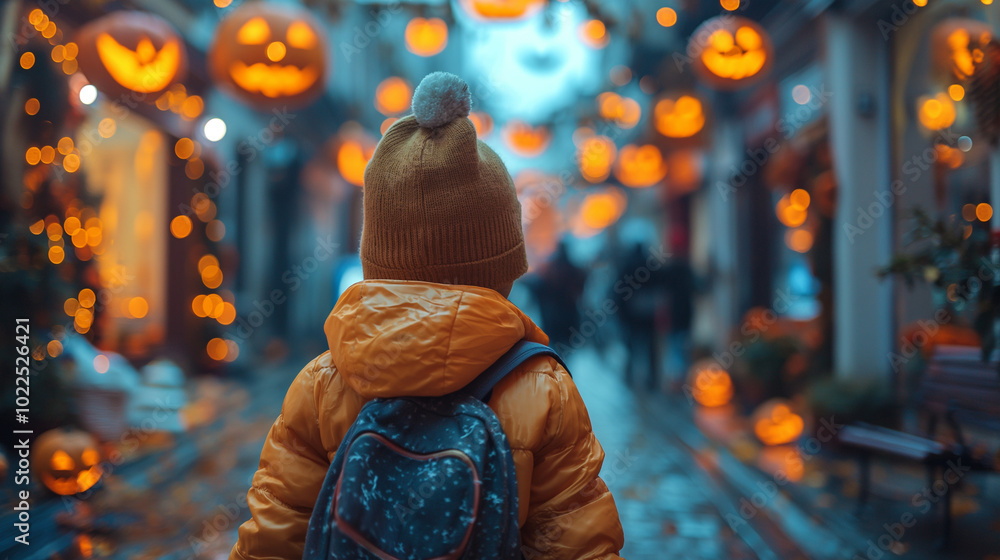 Cute children celebrating Halloween on decorated streets, surrounded by festive decorations and spooky fun. Cute children celebrating Halloween on decorated streets, surrounded by festive decorations and spooky fun.