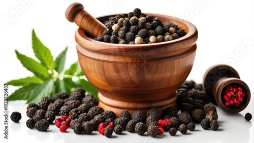 A wooden mortar and pestle with ground black pepper, surrounded by whole peppercorns, isolated on white background.-