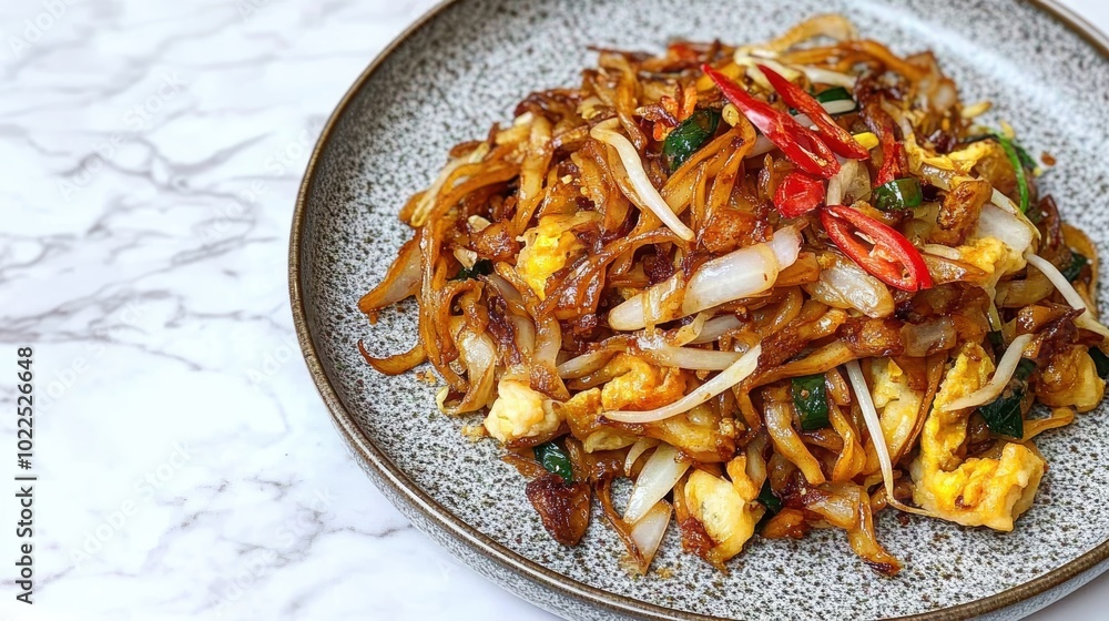 Fototapeta premium Spicy stir-fried noodles with vegetables egg on textured plate