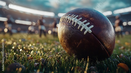 Closeup of a worn American football on a green field with blurry background of stadium and players. photo