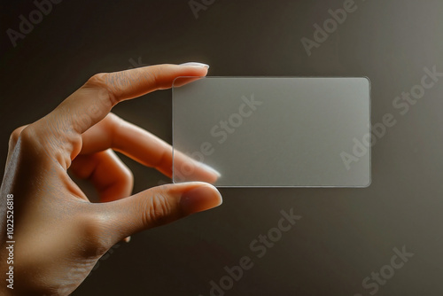 A mockup of a hand holding a wide blank translucent card with the card is semi-transparent, serves as a clear call-card template photo