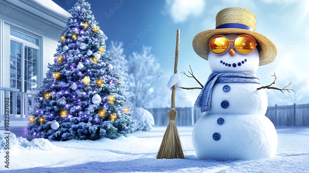 Obraz premium A snowman made with unconventional materials, wearing large, round sunglasses, a straw hat, and holding a broomstick. Its eyes are made from shiny buttons, and its nose is a small twig.