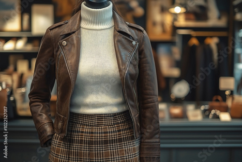 A mock-up of a white turtleneck or high-necked top as a base layer, paired with a brown leather jacket or coat, and matched with a plaid skirt in shades of brown and beige, displaye on a mannequin in 