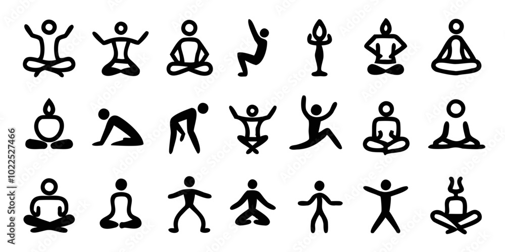 Yoga Icons set Hand draw, Yoga icon vector line art, Yoga icon set black Silhouette vector illustration Yoga Icons set Hand draw, Yoga icon vector line art, Yoga icon set black Silhouette vector illustration