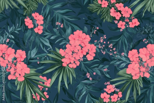 Tropical floral pattern with pink blossoms lush greenery
