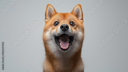 A studio portrait of a funny and excited dog with a shocked or surprised expression. 