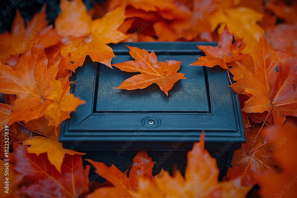 Obraz premium A time capsule box is partially buried under a pile of vibrant orange maple leaves, with only the top of the box visible through the leaves. 