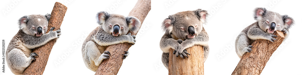 Fototapeta premium sleepy koala resting on a tree trunk, isolated on white background