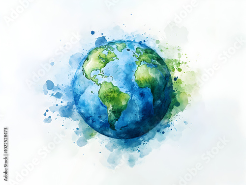 Vibrant Watercolor Illustration of Earth Globe with Green and Blue Continents and Ocean Background