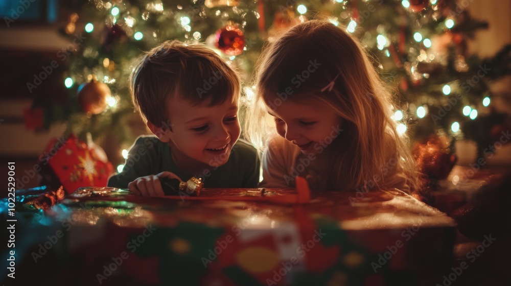 Two children excitedly open presents by a beautifully decorated Christmas tree with twinkling lights during the festive season Two children excitedly open presents by a beautifully decorated Christmas tree with twinkling lights during the festive season