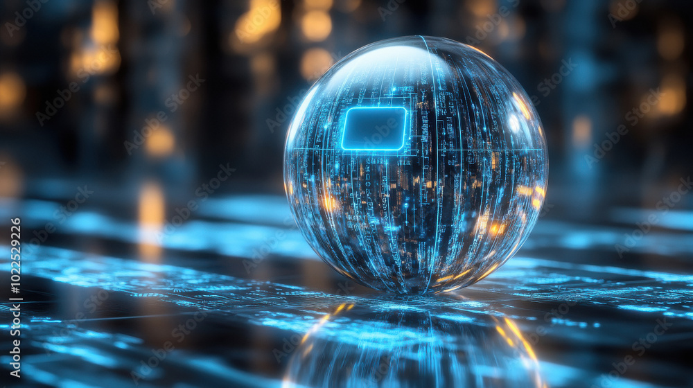 3D render of a glowing crystal ball with a woodland pattern and a short blue mobile network on a dark background 3D render of a glowing crystal ball with a woodland pattern and a short blue mobile network on a dark background