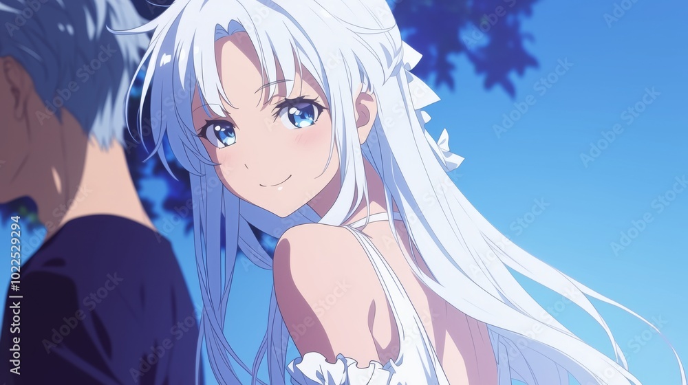 Serene anime-style illustration featuring a white-haired girl in a white dress and a man, both displaying gentle expressions Serene anime-style illustration featuring a white-haired girl in a white dress and a man, both displaying gentle expressions