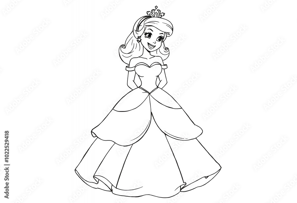 Princess Coloring Page Fairytale Girl in Gown and Crown