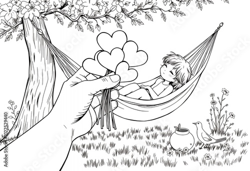 Hand Holding Heart Shapes with Girl Relaxing in Hammock Under Tree