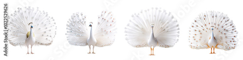 elegant white peacock with feathers spread, isolated on white background