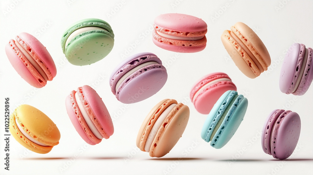 A whimsical scene featuring various colorful macarons floating in mid-air, against a solid white background.