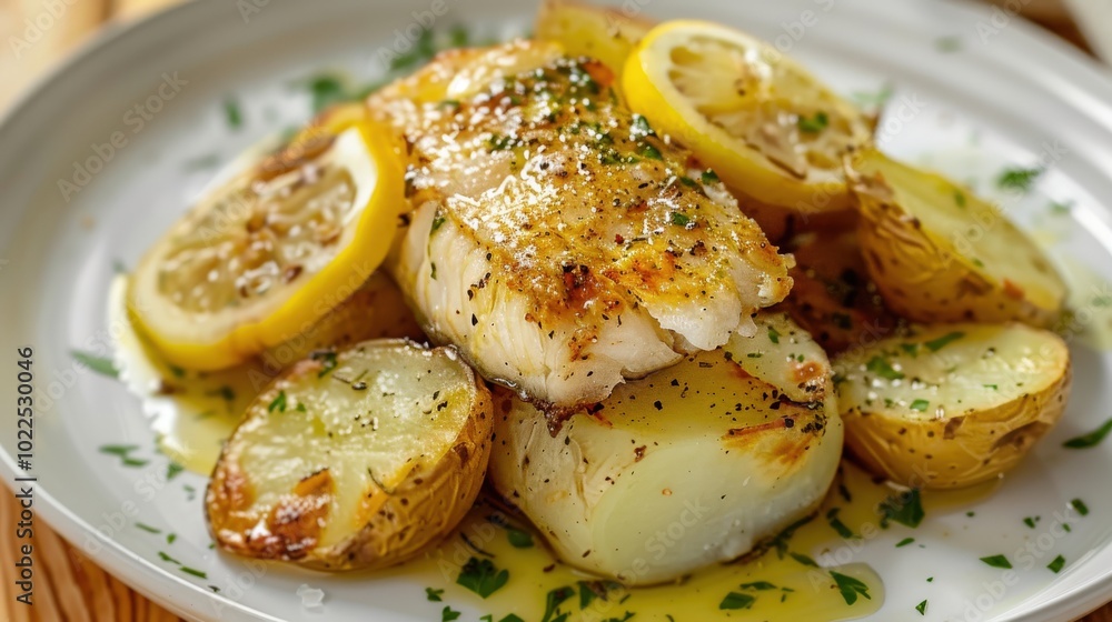 Classic Codfish with Hearty Baked Potatoes and Lemon Herb Sauce Classic Codfish with Hearty Baked Potatoes and Lemon Herb Sauce
