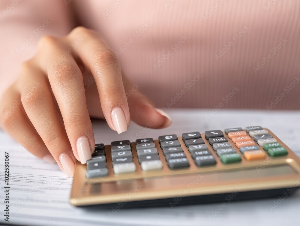 Close-up of a hand using a calculator on paperwork, illustrating productivity and finance management in a professional setting. Close-up of a hand using a calculator on paperwork, illustrating productivity and finance management in a professional setting.