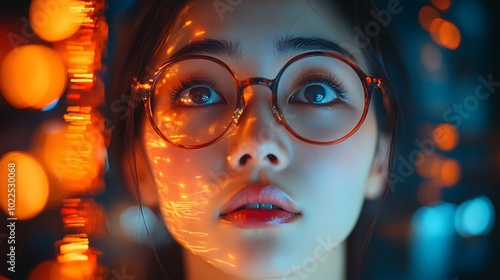 Close-up portrait of a young woman wearing glasses looking up with city lights in the background.