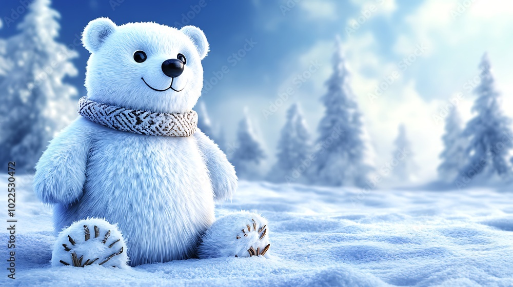 A snowman resembling a polar bear, with rounded ears and a short snout, standing in the middle of a snow-covered field. The snow bear has large black eyes made from stones and a scarf around its neck, A snowman resembling a polar bear, with rounded ears and a short snout, standing in the middle of a snow-covered field. The snow bear has large black eyes made from stones and a scarf around its neck,