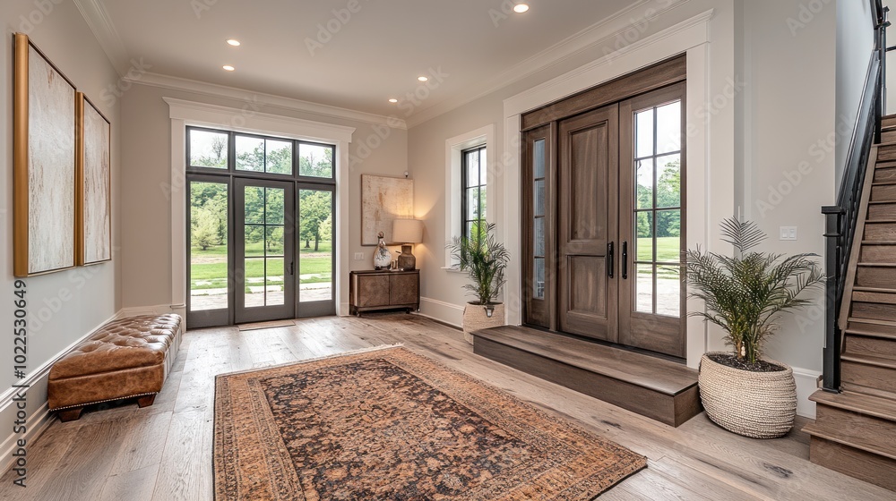 Fototapeta premium Elegant entryway with wooden doors and stylish decor elements.
