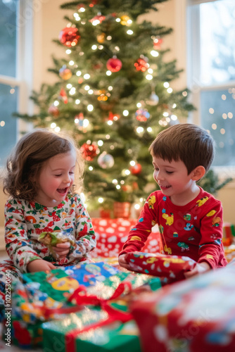 Happy children celebrating Christmas morning while opening gifts near a beautifully decorated tree