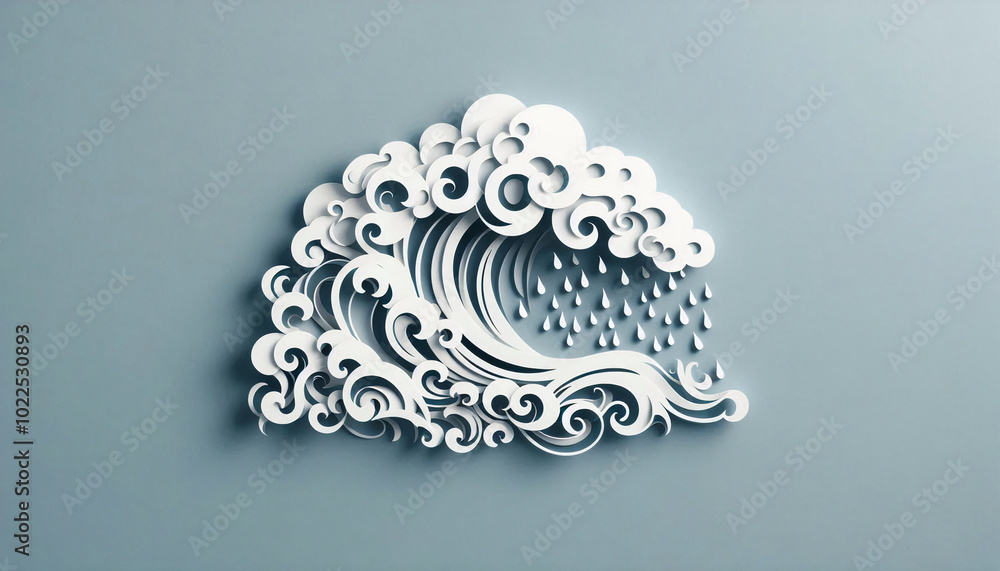 A delicate paper-cut wave with flowing curves and raindrops, set against a soft blue background, symbolizing water and nature's movement A delicate paper-cut wave with flowing curves and raindrops, set against a soft blue background, symbolizing water and nature's movement