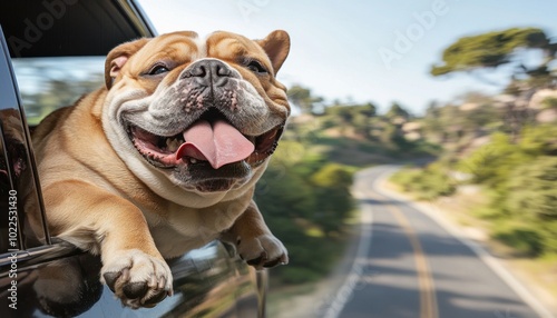 A joyful dog leans out of a car window, enjoying a scenic drive on a sunny day.