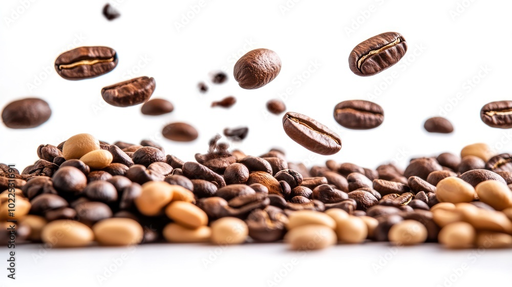 Obraz premium A dynamic arrangement of various coffee beans, showcasing their textures and colors.