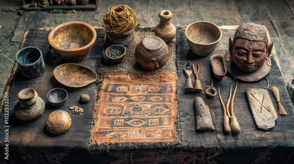 an artifact shown by a collection of cultural items arranged on a table, highlighting their significance and stories an artifact shown by a collection of cultural items arranged on a table, highlighting their significance and stories