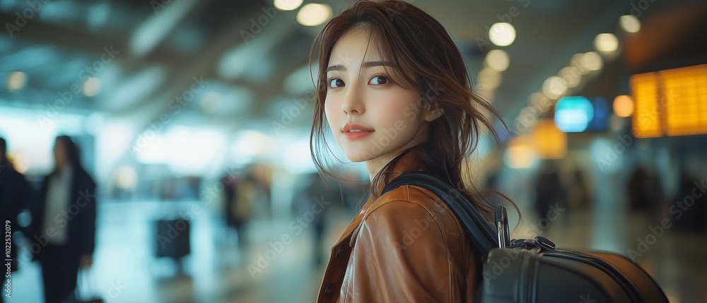 young Asian woman wearing a stylish brown leather jacket holds the handle of her luggage, poised to check the flight time in an airport. young Asian woman wearing a stylish brown leather jacket holds the handle of her luggage, poised to check the flight time in an airport.