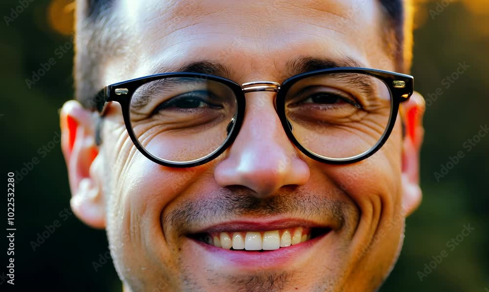 smiling adult man with glasses close-up in slow motion smiling adult man with glasses close-up in slow motion
