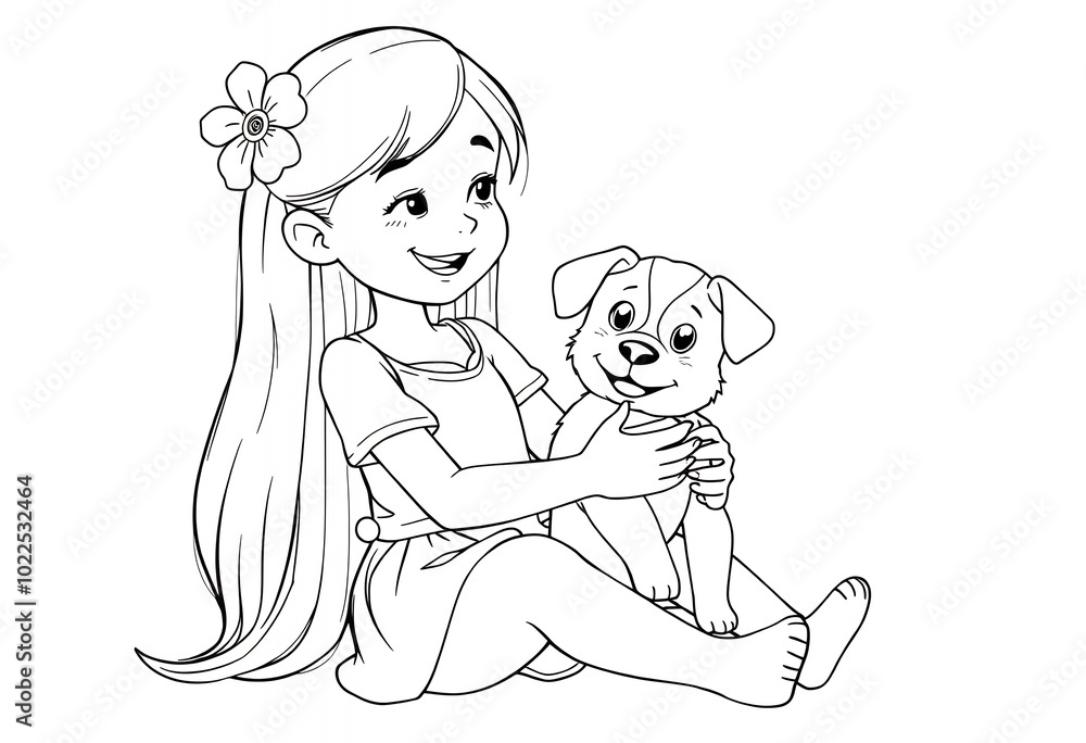 Happy Girl Holding a Puppy Line Drawing Illustration Happy Girl Holding a Puppy Line Drawing Illustration