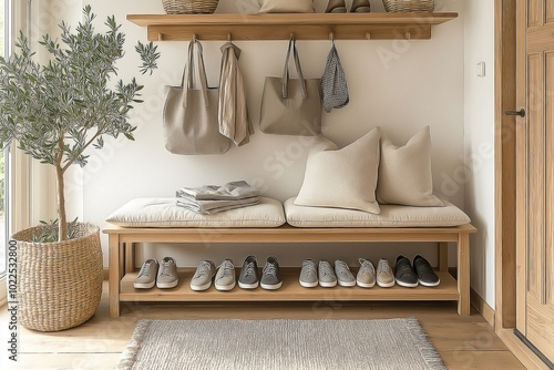 entryway interior design, Japanese-Scandinavian fusion style. Light wood bench with white cushion, two-tier shoe rack underneath.  photo