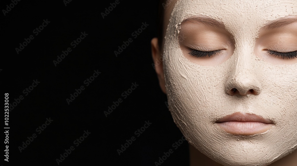 Close up of a Woman's Face with a Clay Mask Applied, Emphasizing Texture and Coverage Close up of a Woman's Face with a Clay Mask Applied, Emphasizing Texture and Coverage