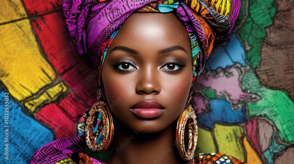 A portrait of a woman in vibrant traditional attire against a colorful background. A portrait of a woman in vibrant traditional attire against a colorful background.