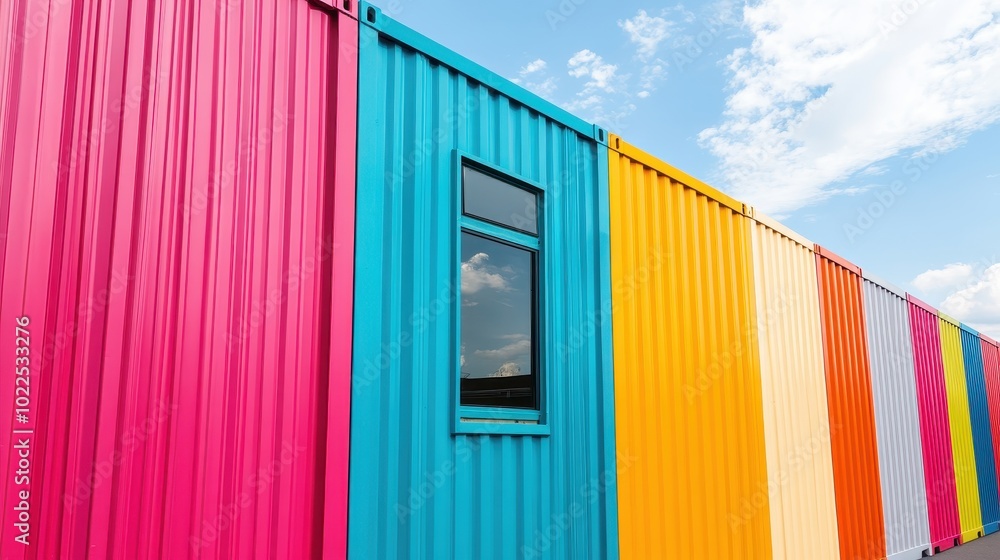 Fototapeta premium Colorful Shipping Containers with a Window Reflecting the Sky