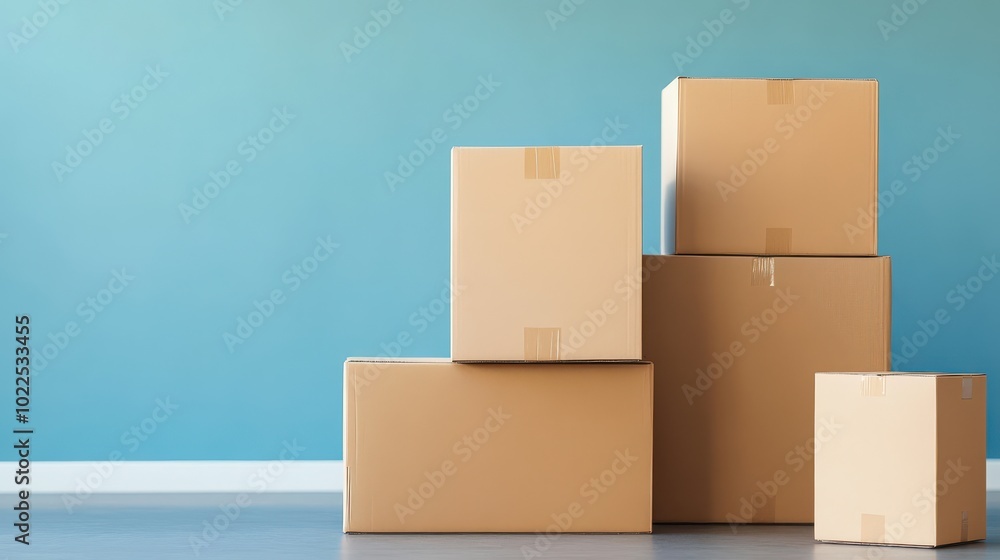 Stacked Cardboard Boxes Against a Blue Wall Perfect for Moving Day Stacked Cardboard Boxes Against a Blue Wall Perfect for Moving Day