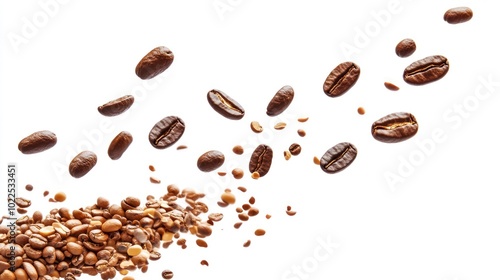 A dynamic arrangement of coffee beans, showcasing their texture and form.