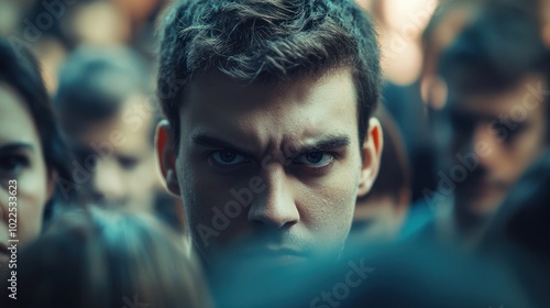 arrogance illustrated through a close-up of a person looking down their nose at others while standing in a crowded social setting